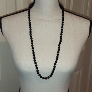 Black Onyx Beaded Necklace, Hand Knotted Silk